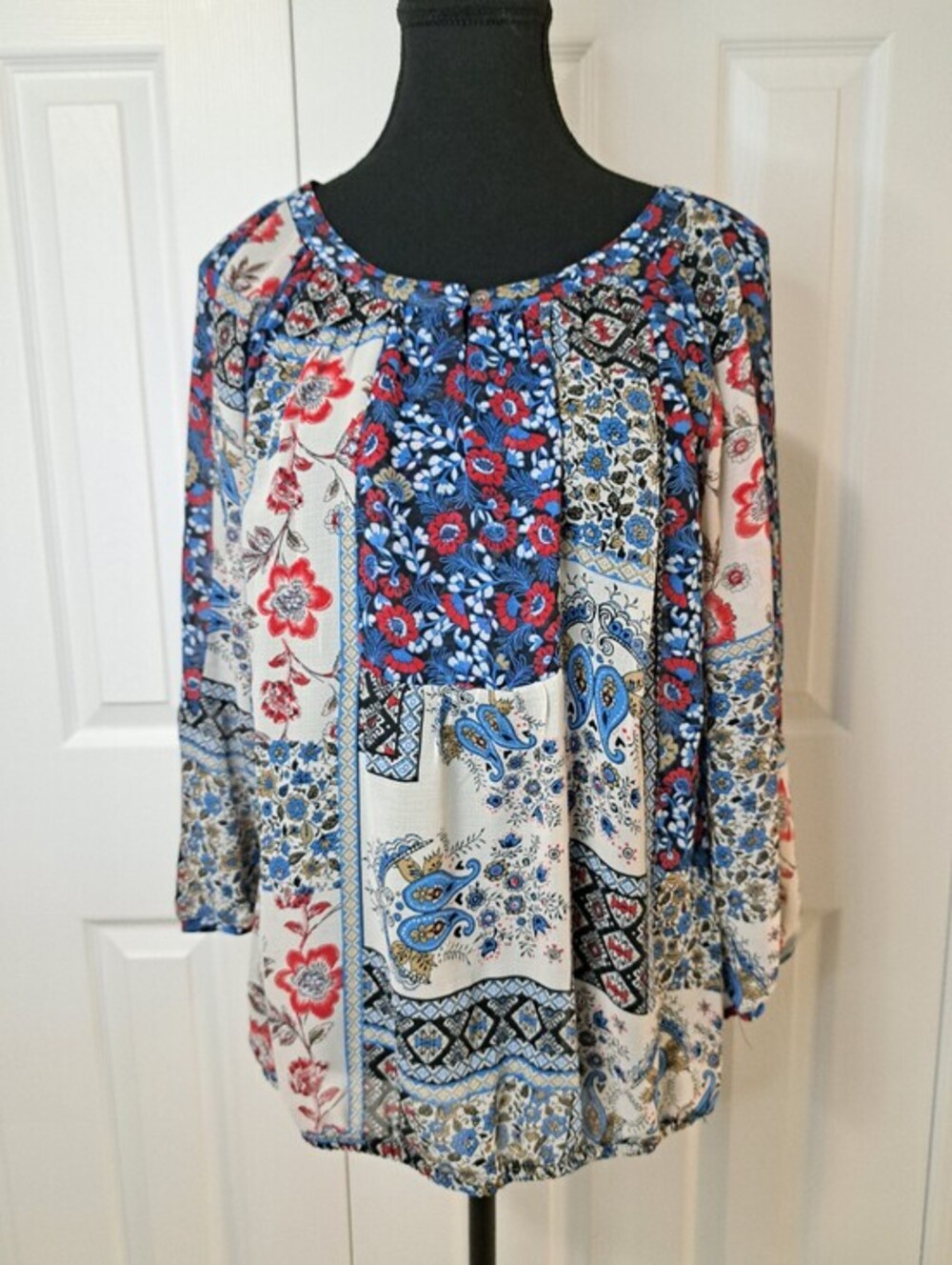 Luna Moon Patchwork Floral Paisley Blouse Blue Red Boho Feminine Flowy Small